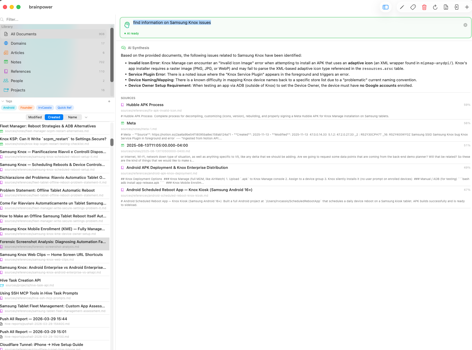 Brainpower vault browser showing document list with tags, sections, and filter bar