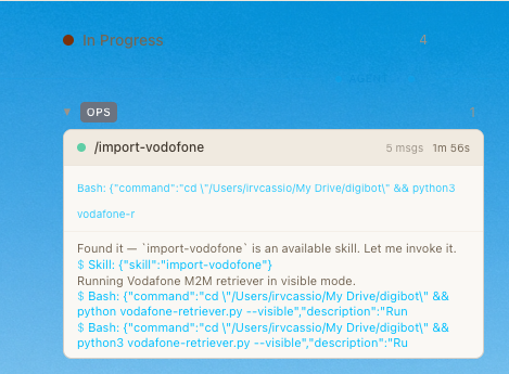 Hive agent invoking the import-vodafone skill to run a data pipeline