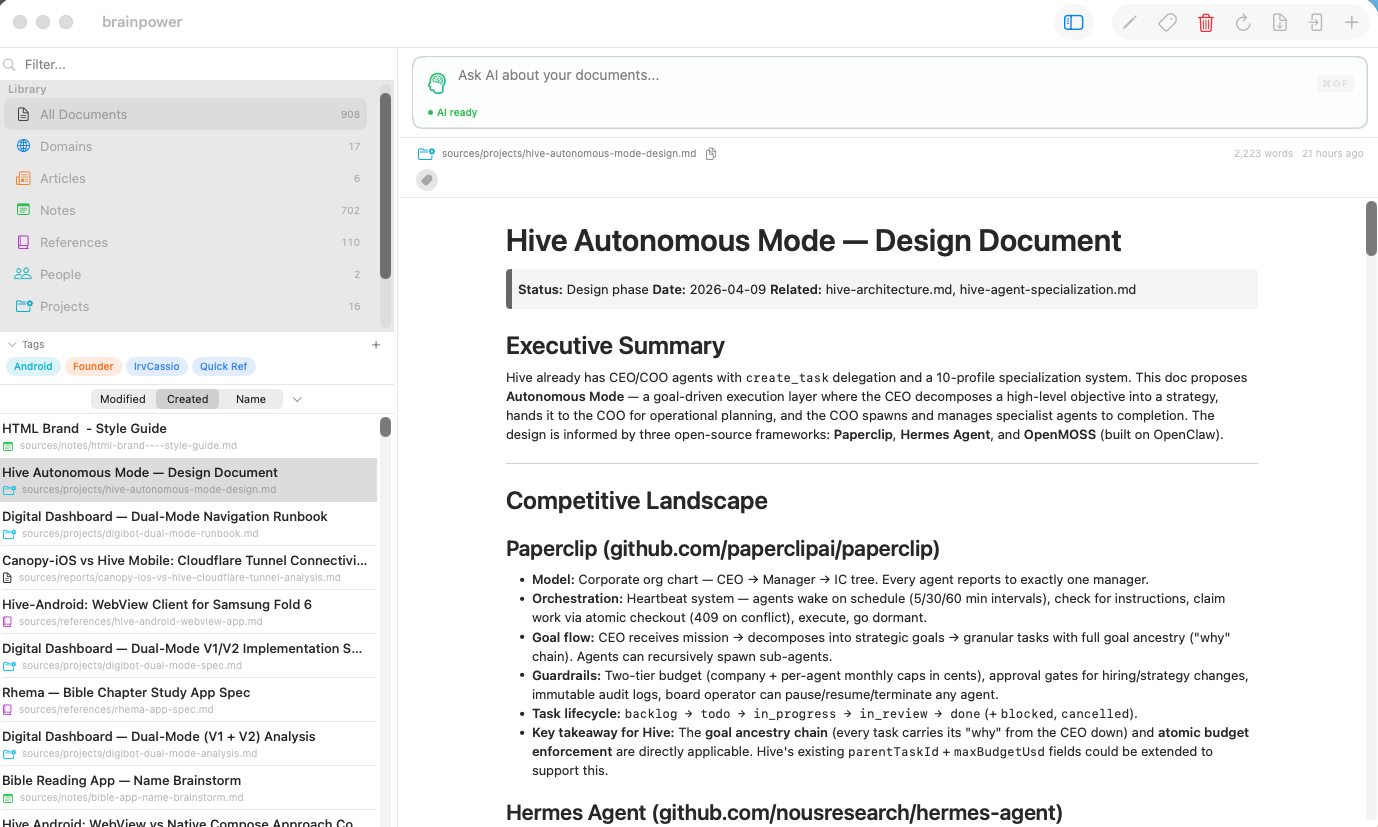 Hive Autonomous Mode design document in Brainpower showing competitive landscape analysis