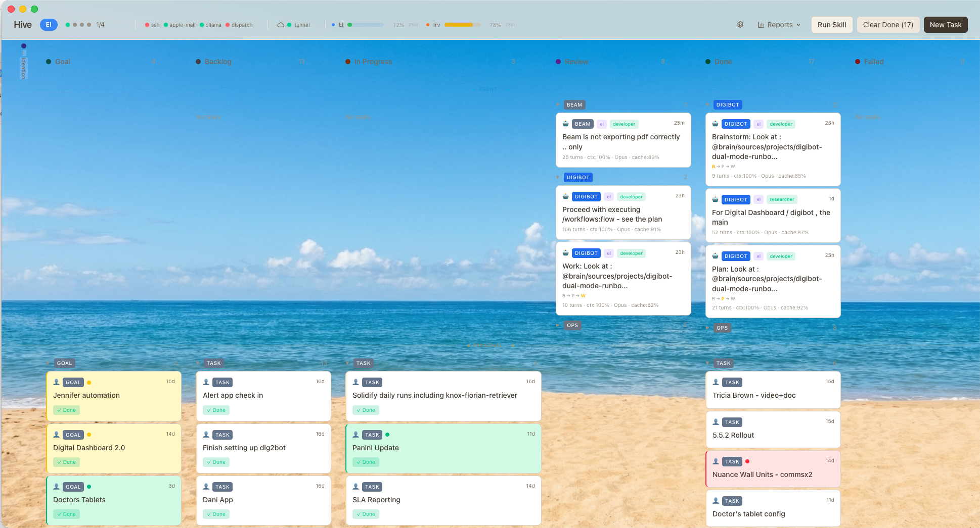 Hive Kanban board showing AI agent tasks across Backlog, In Progress, Review, and Done columns