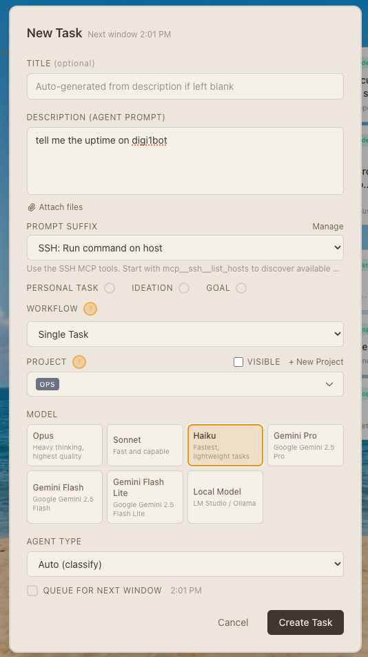 Hive new task creation form with agent profile selection and model routing