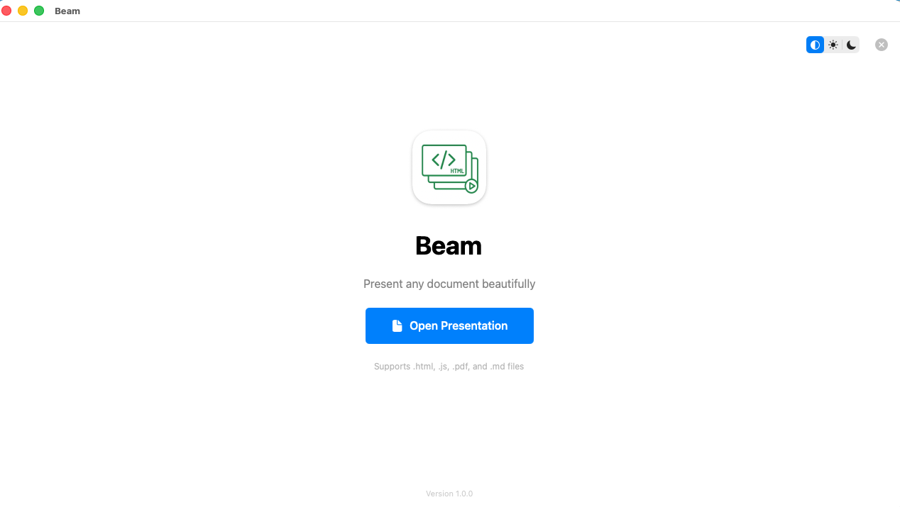 Beam macOS app for presenting HTML, JS, PDF, and Markdown files