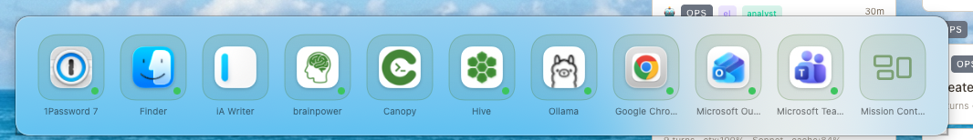 macOS dock showing suite of custom-built apps: Canopy, Hive, Brainpower, and more
