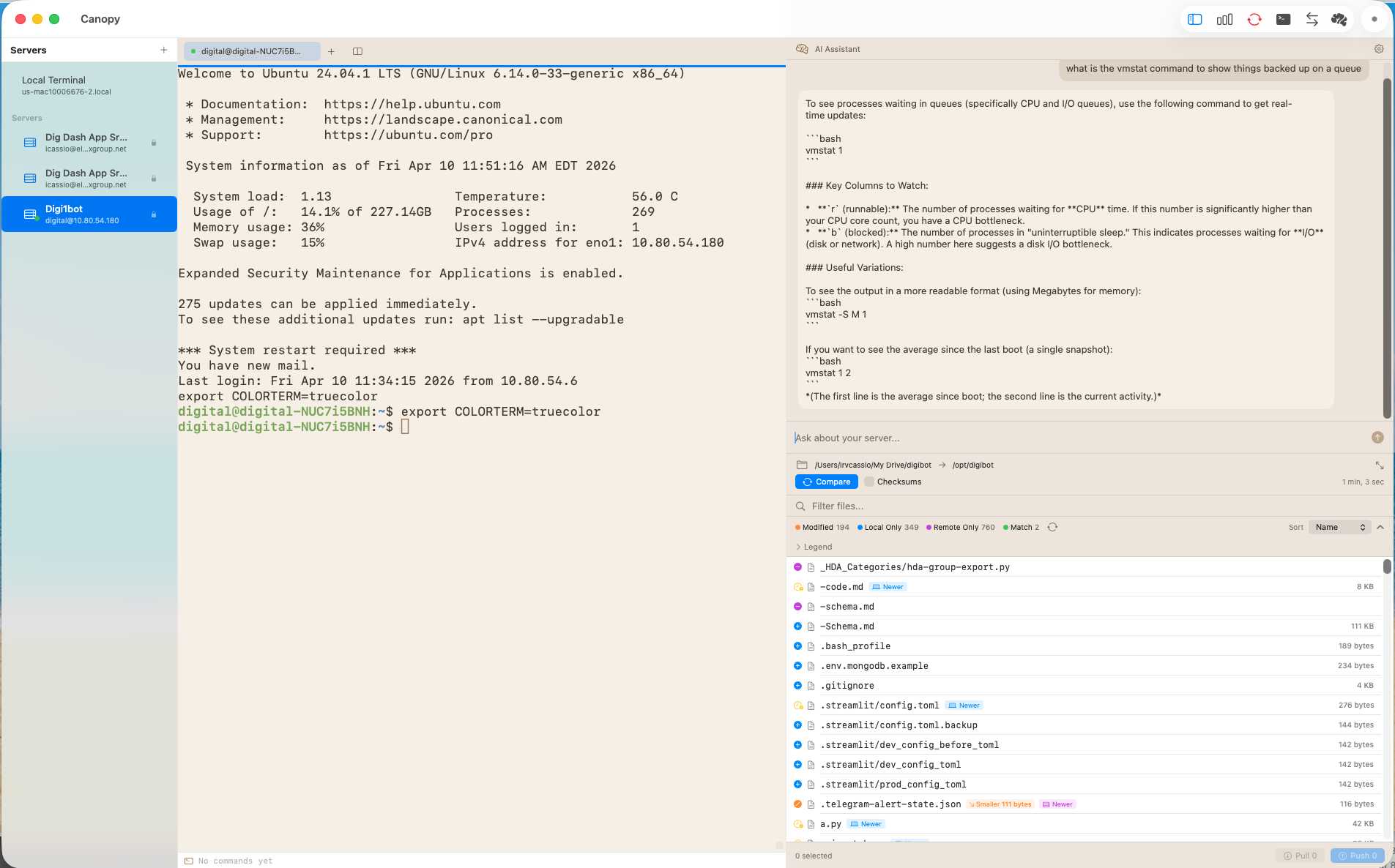 Canopy macOS app showing SSH terminal, file browser, and AI assistant panel