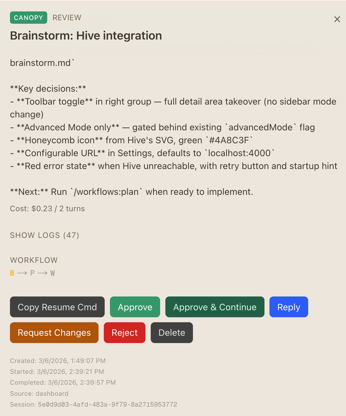 Hive task detail view showing brainstorm output and action buttons