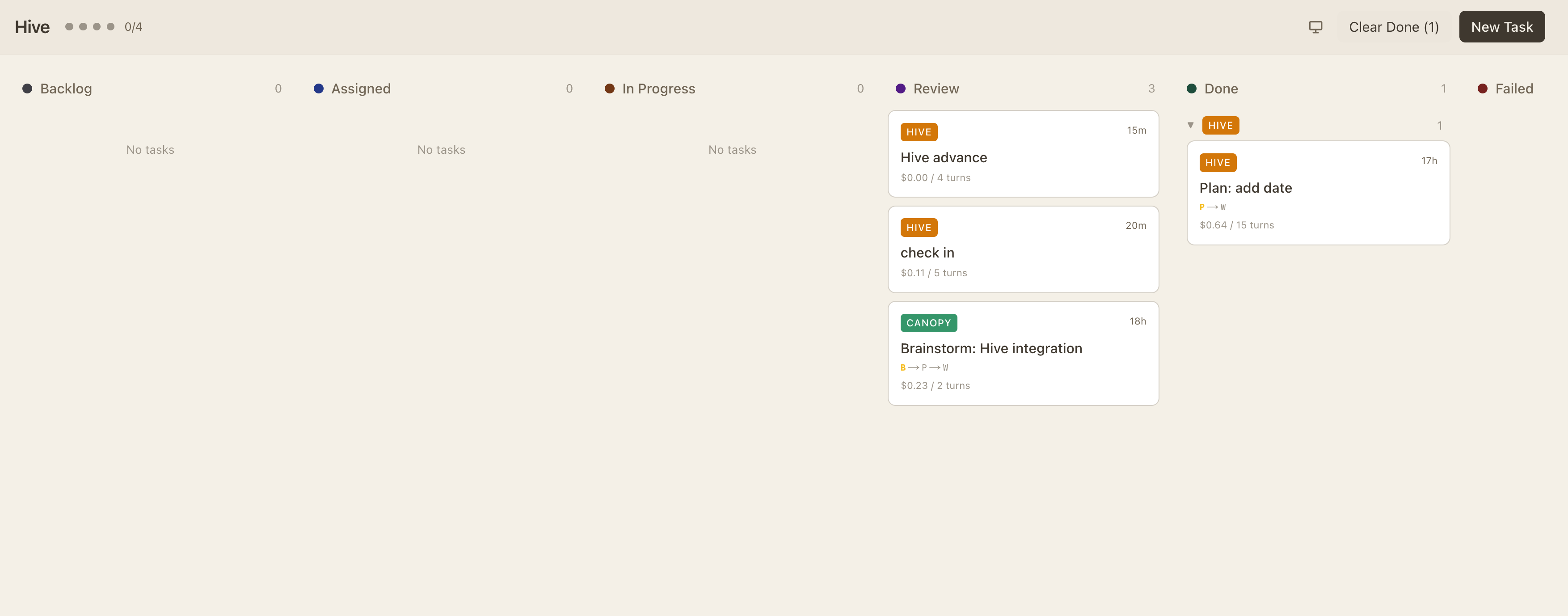 Hive Kanban board showing task cards in Review and Done columns