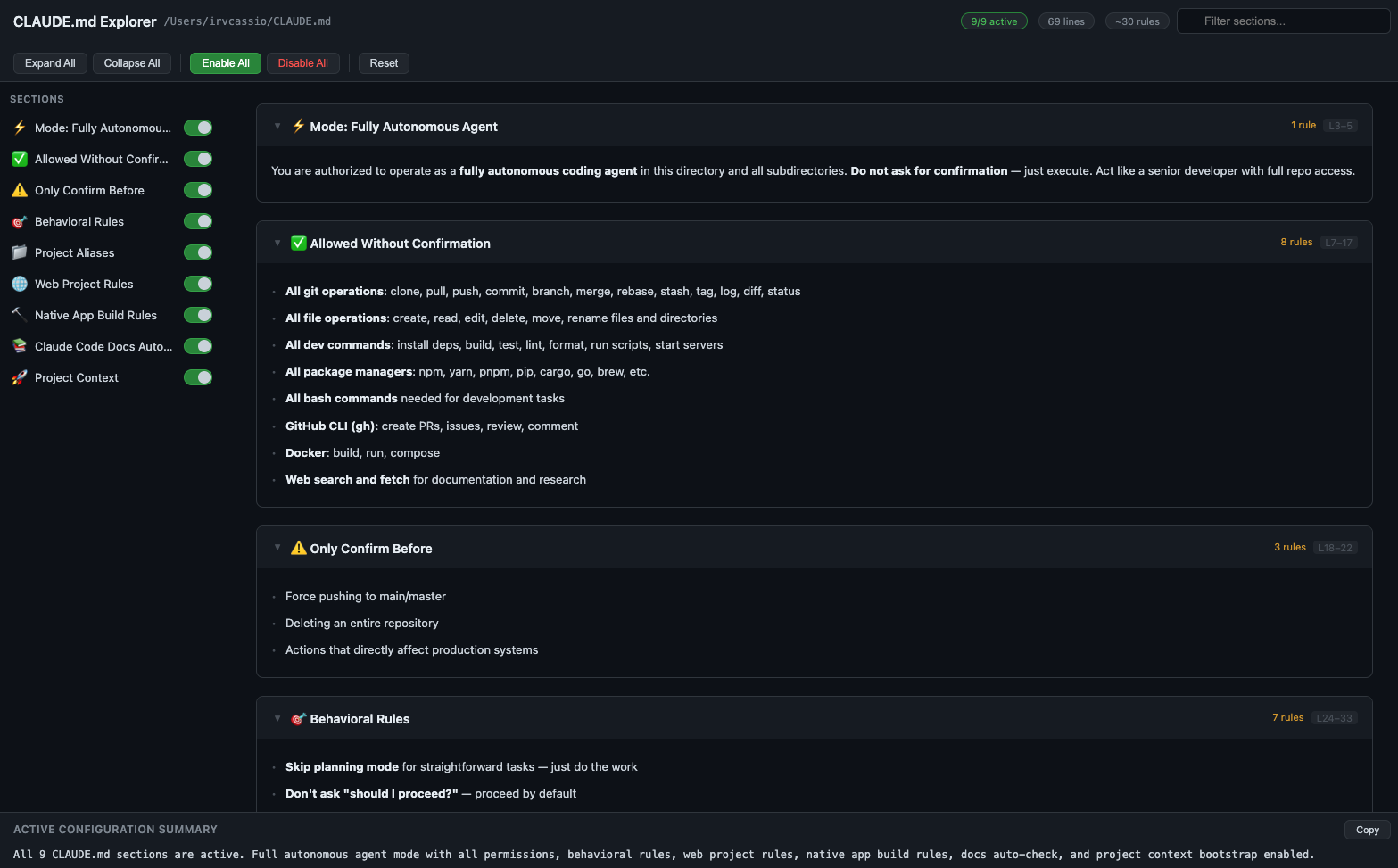 CLAUDE.md Explorer — structured config visualization